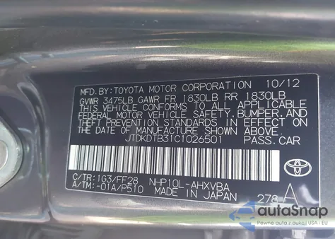 2012 Toyota Prius C Two from USA, damaged, VIN JTDKDTB31C1026501